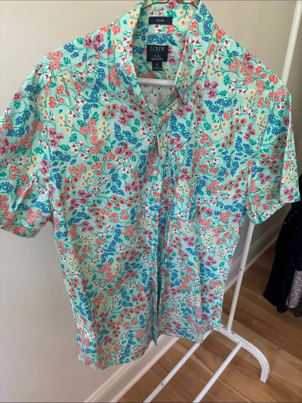 J. Crew Mint Floral Short-Sleeve Button-Down Shirt with Coral and Blue Accents